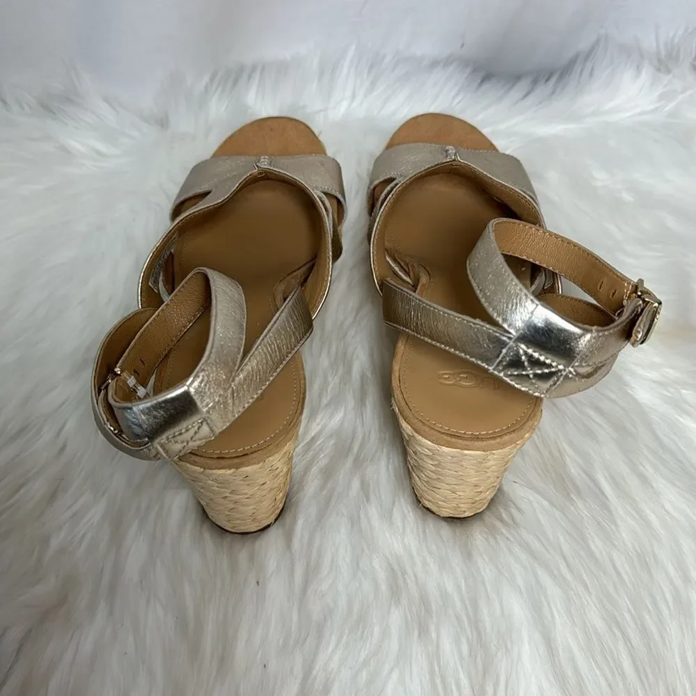 UGG Careena NWOT Gold Leather Raffia Wedge Espadrille Sandals Sz‎ 11